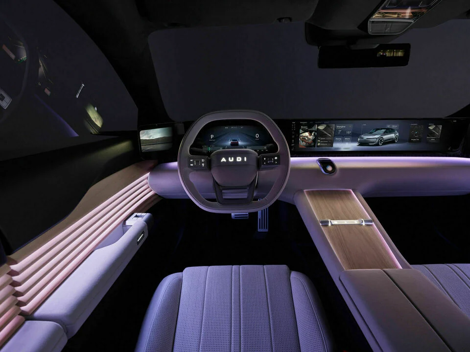 AUDI E concept cockpit with its panoramic digital dashboard.