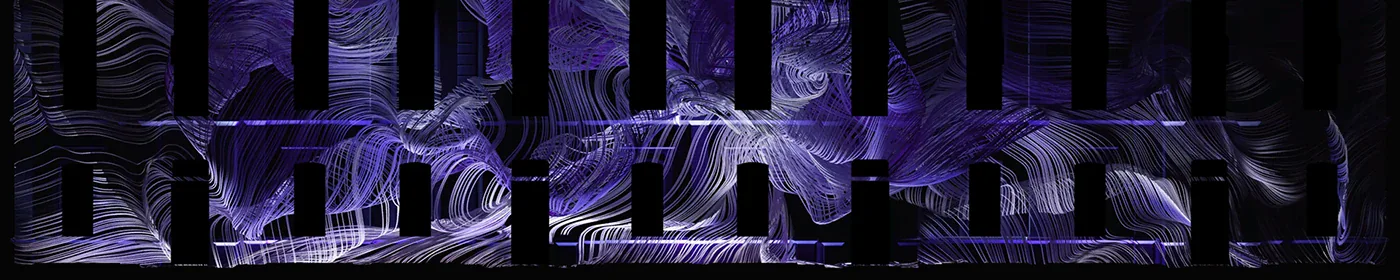 Flowing violet linework across the mapped facade