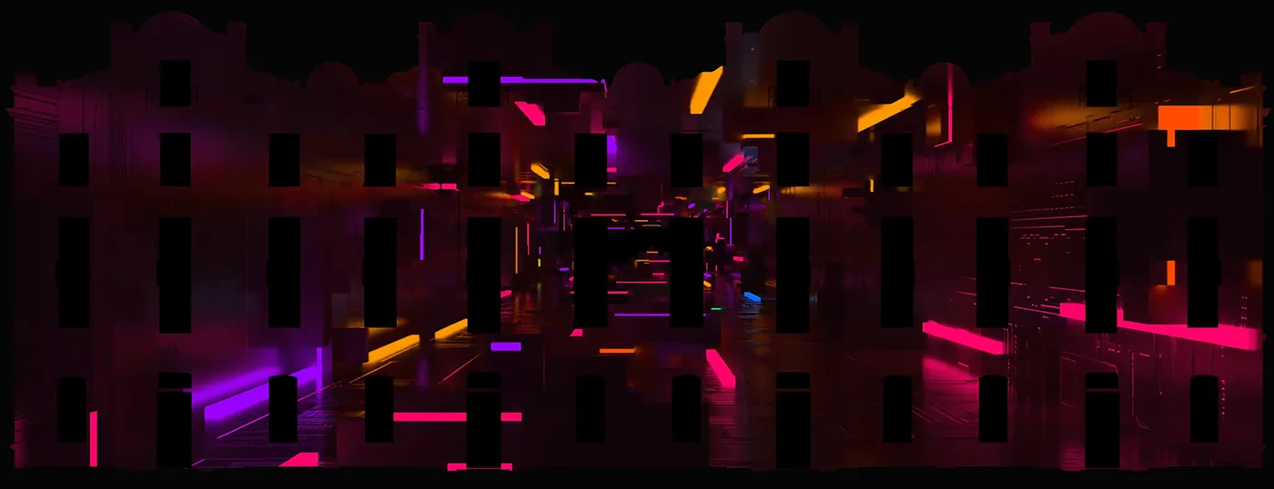 Architectural projection design with pink, violet and orange illuminated planes