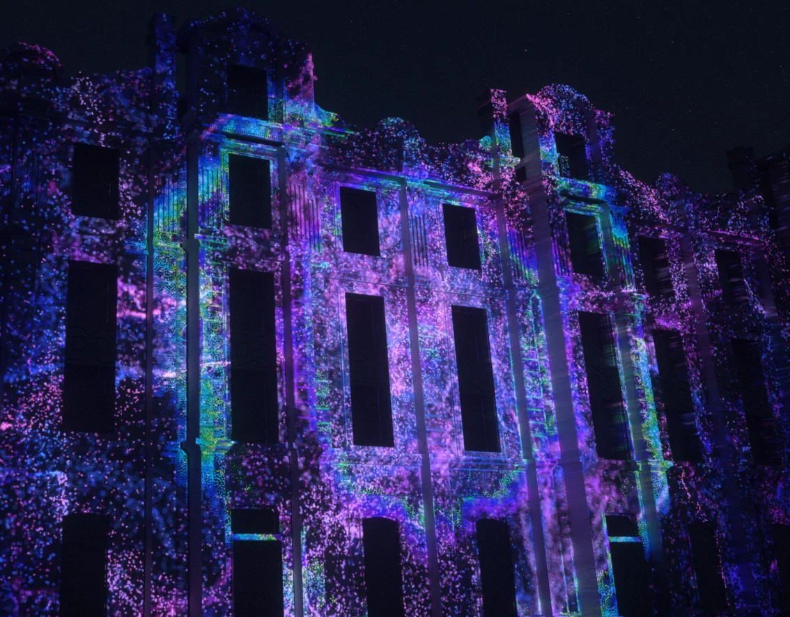 A building facade covered by blue and violet luminous particle imagery