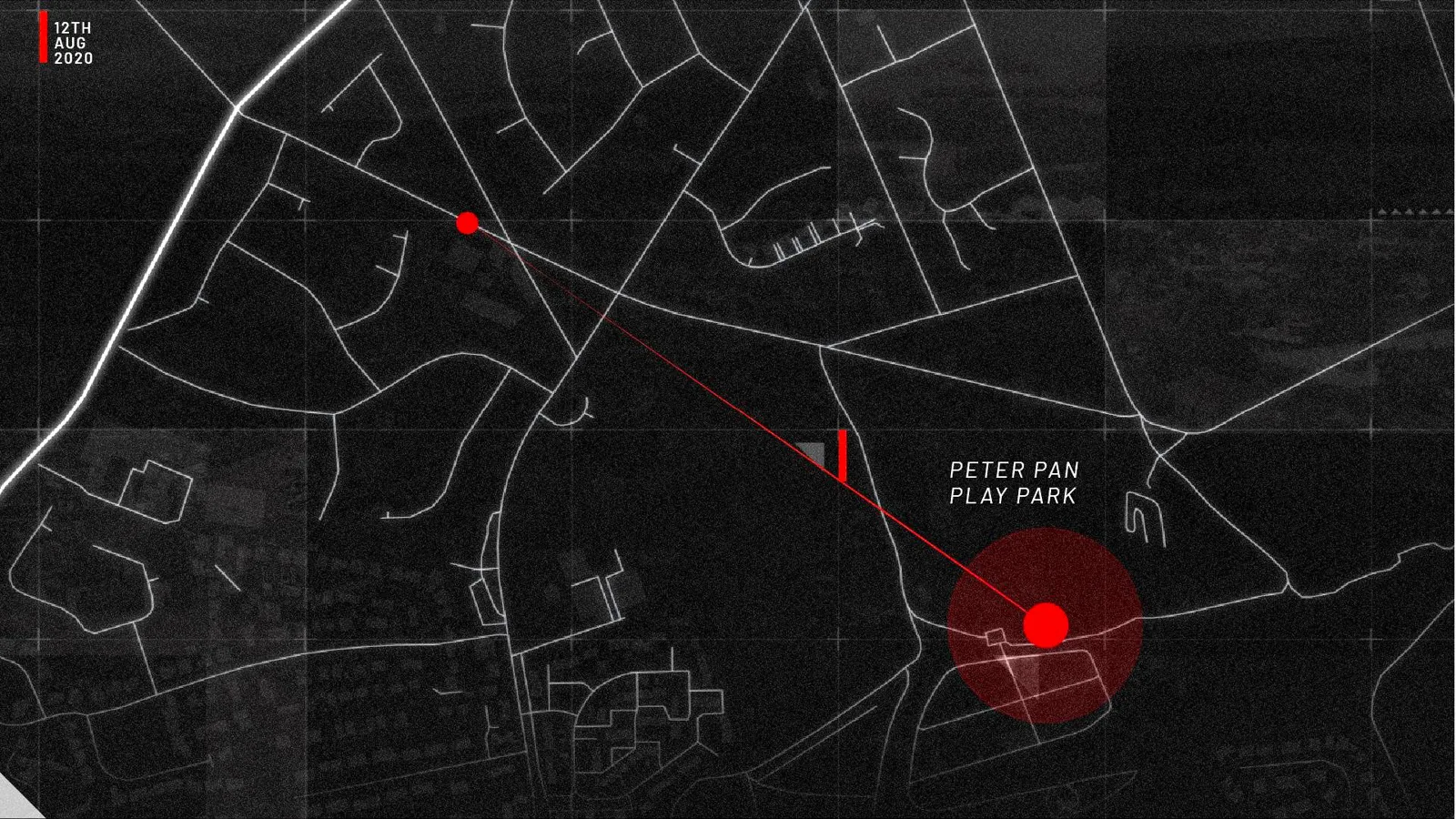 A dark location map with red markers and a connecting evidence line