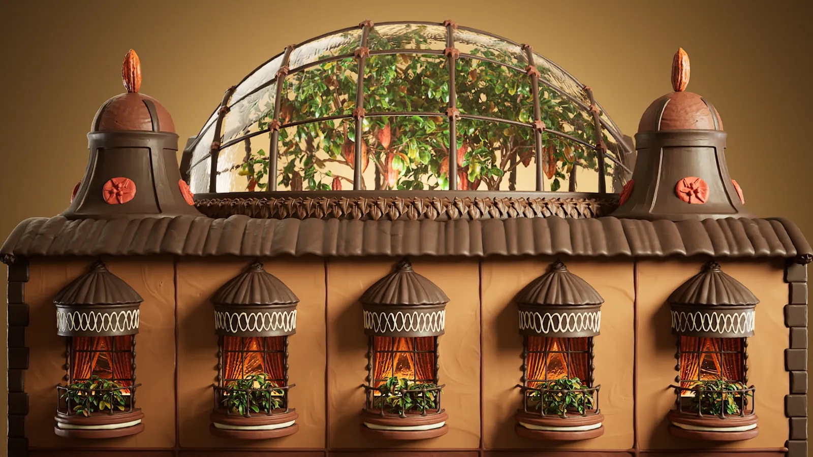 A rooftop glasshouse in the campaign’s chocolate world
