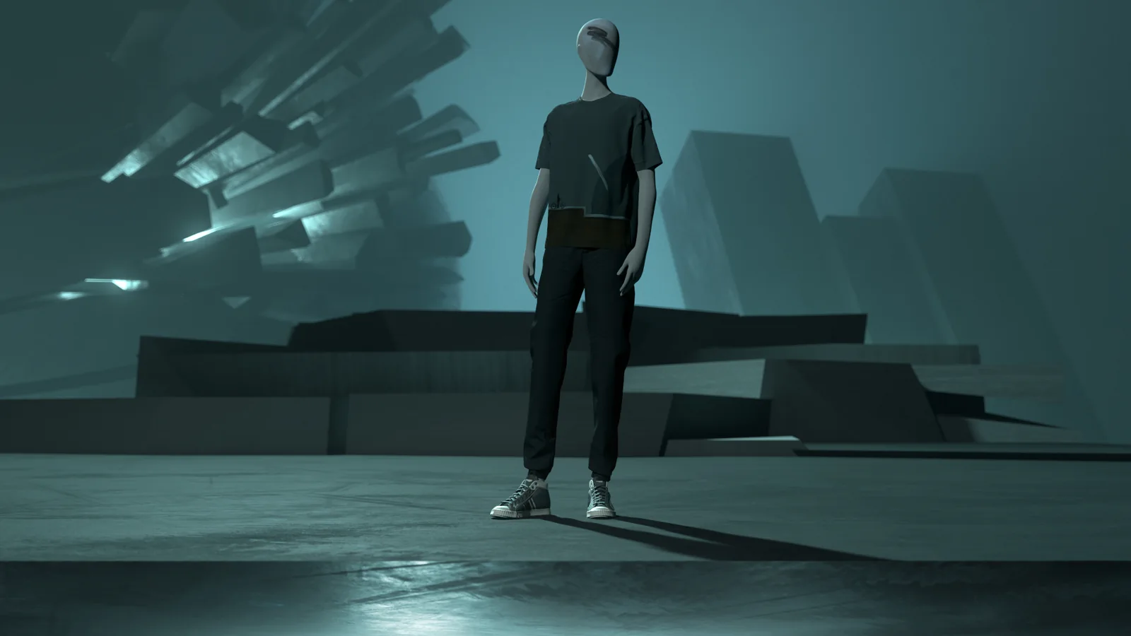 A digital character wearing KAFT clothing in a geometric architectural environment