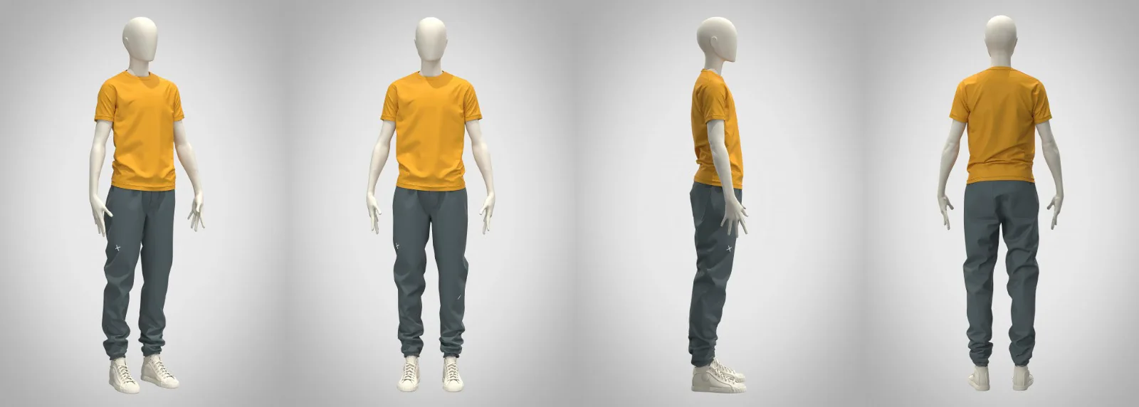 Four views of a CGI character wearing a yellow KAFT T-shirt