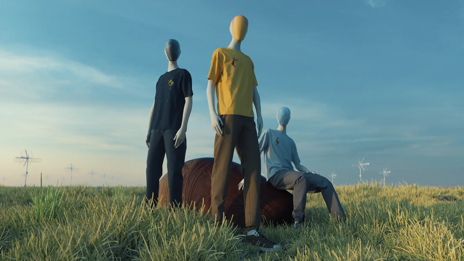 Three CGI characters wearing KAFT T-shirts in an open landscape