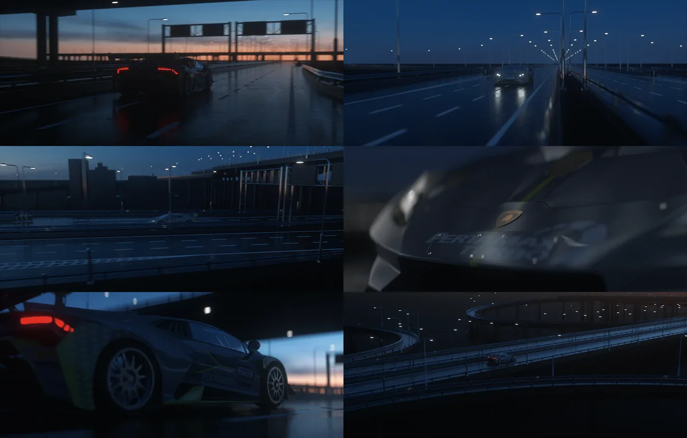 Six automotive CG frames showing the Lamborghini Huracan STO and its road environment